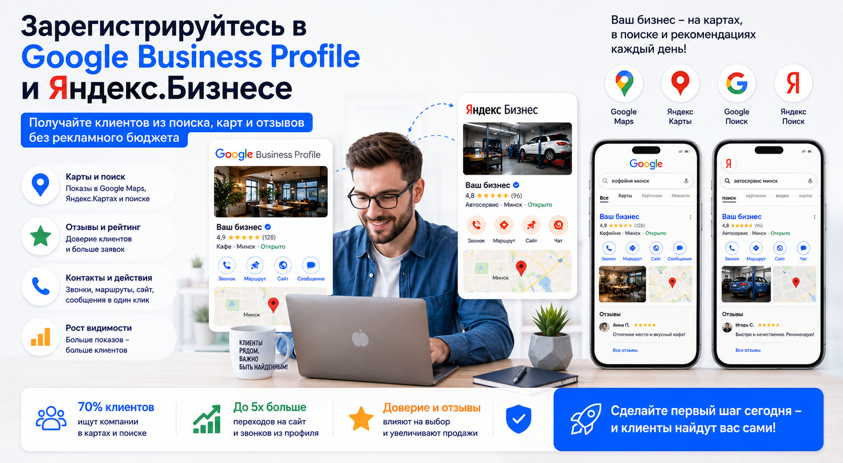 Google Business Profile и Яндекс.Бизнес для малого бизнеса в Беларуси: привлечение клиентов через карты, локальный поиск, отзывы и бесплатное продвижение компании в интернете.
