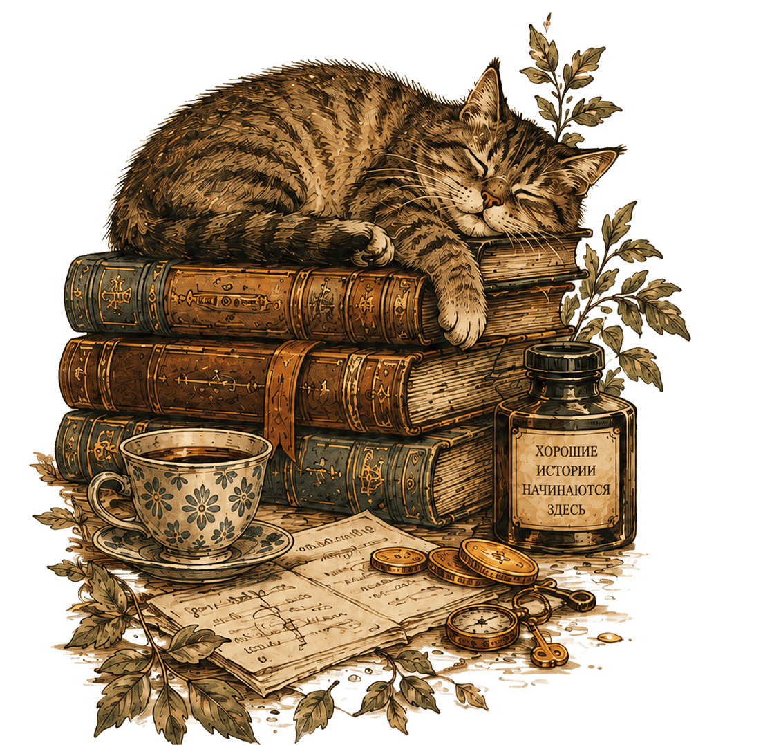 Спящий кот на книгах, чашка и письменные принадлежности