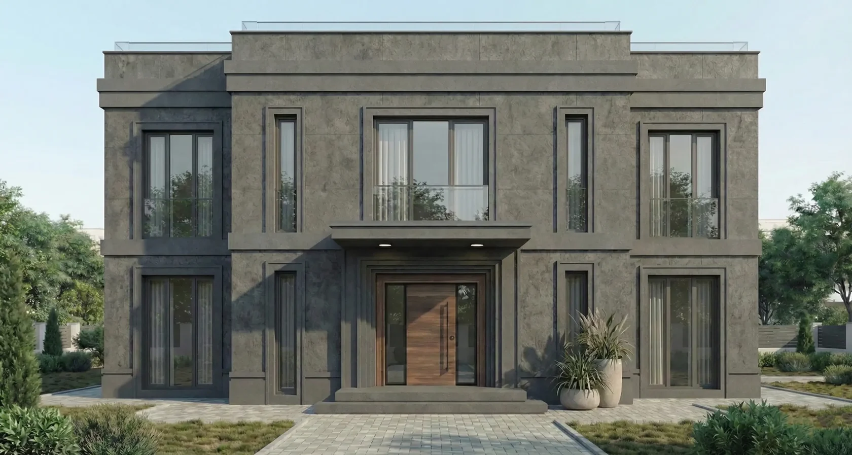 Фронтальный фасад дома в стиле хай-тек с окрашенным архитектурным декором в графитовом исполнении. Контраст подчёркивает геометрию и рельеф элементов.