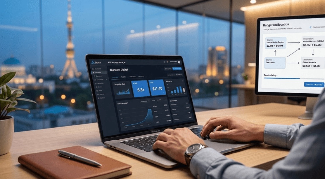 Enterprise marketer managing autonomous AI campaign optimization and real-time budget reallocation in a modern Tashkent office, representing the future of AI-driven media buying in 2026.