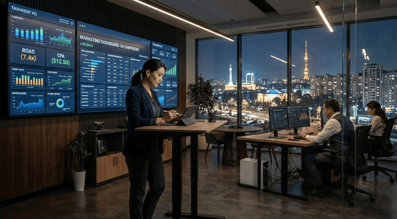 Alt Text: Marketing team analyzing multi-channel campaign performance data on an AI dashboard in a modern Tashkent office, illustrating the shift in performance marketing operations in 2026.