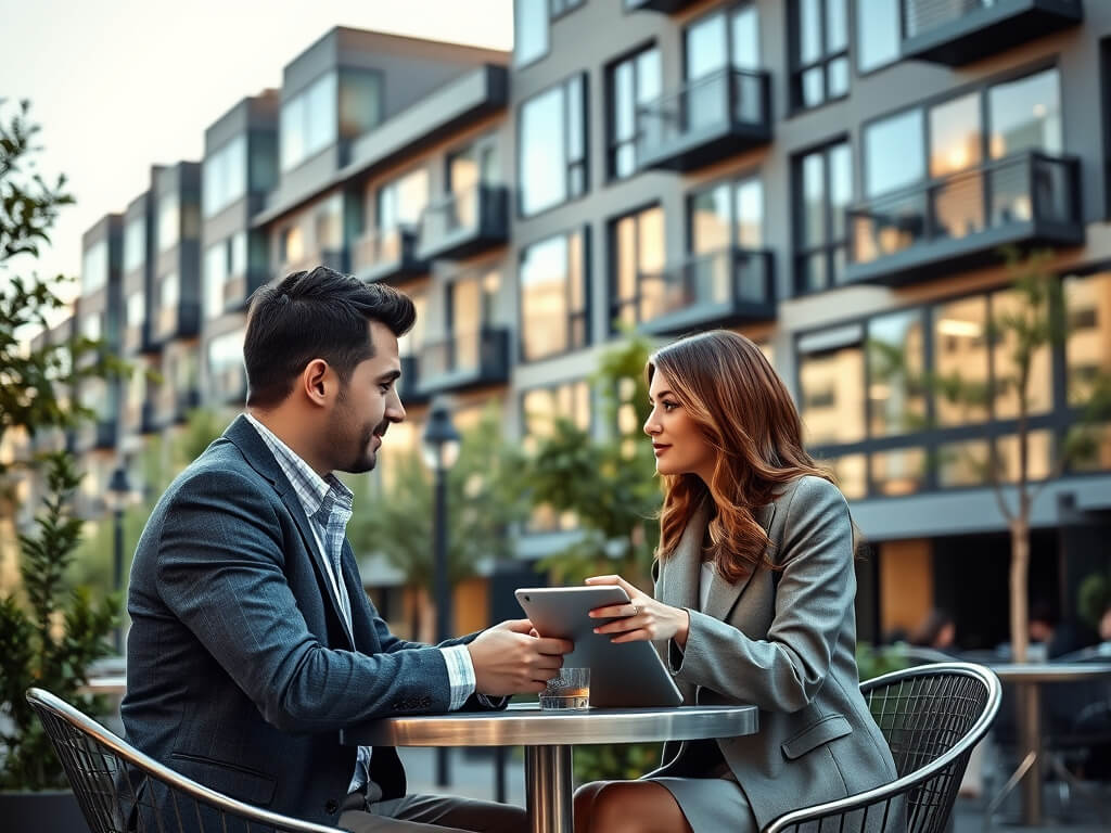In a modern urban quarter with new stylish buildings, a young couple is sitting at a cozy street café table. The high-rise buildings with panoramic windows reflect the sunlight, while around them are well-maintained trees and modern street lamps. The man,