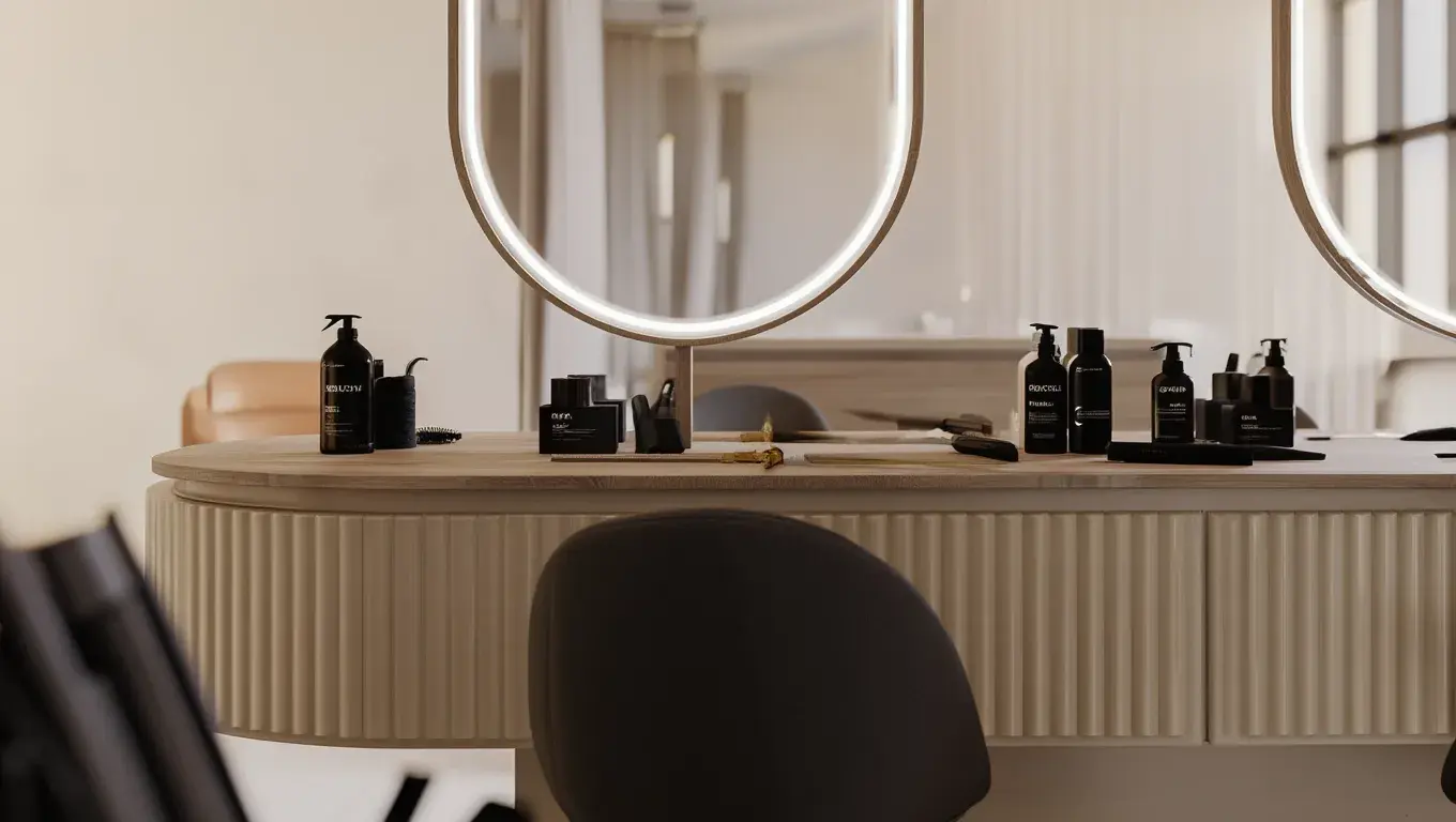 Рабочее место парикмахера в премиальном салоне красоты: деревянная стойка с рифлёными фасадами, круглые зеркала с подсветкой и профессиональные средства по уходу