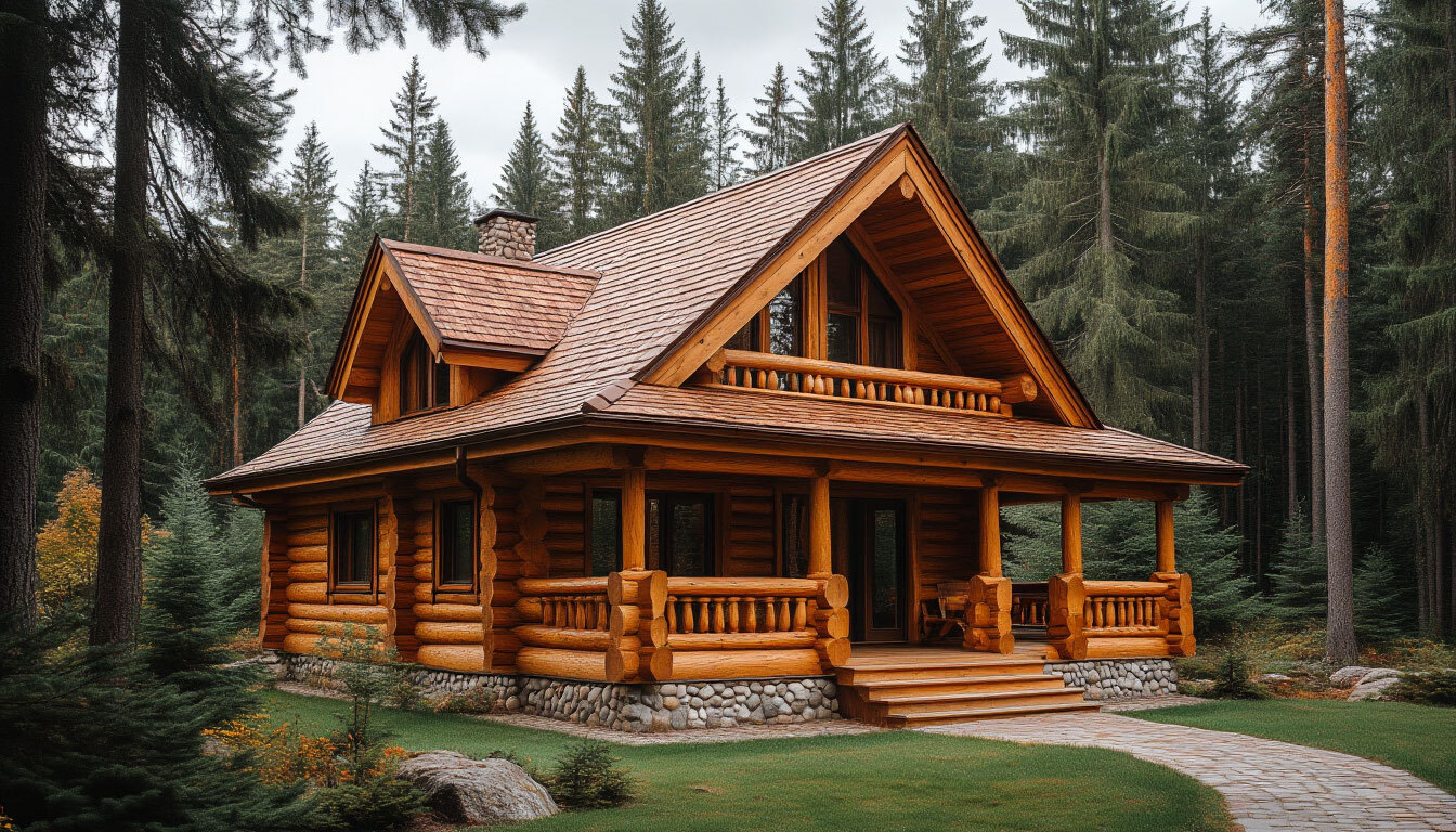 Бревенчатый дом на фоне леса.