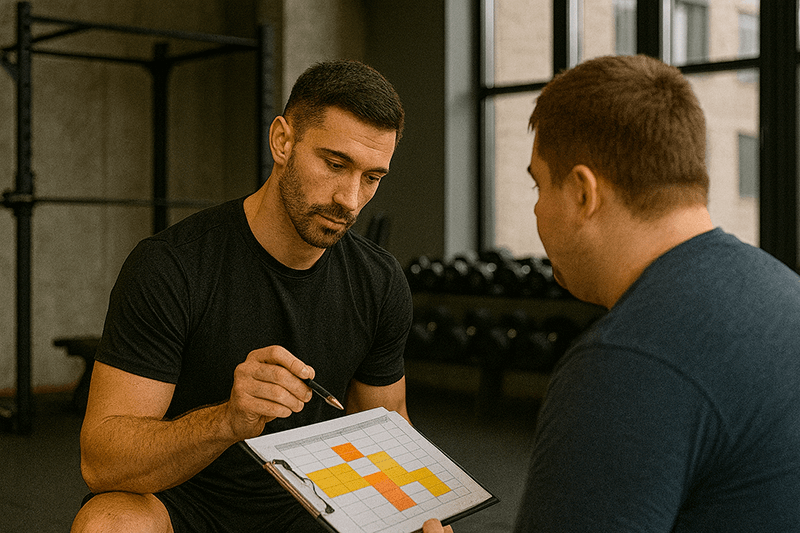 Тренер обсуждает с клиентом план тренировок, показывая расписание на планшете или в блокноте. Визуал отражает идею структуры и полного рабочего дня в профессии фитнес-инструктора.