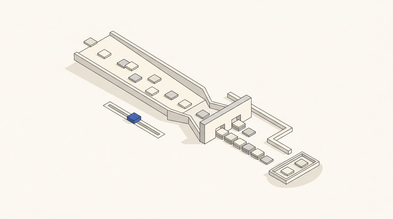 Enquiry tiles queue before a narrow processing gate beside a flow control and a separate waiting tray.
