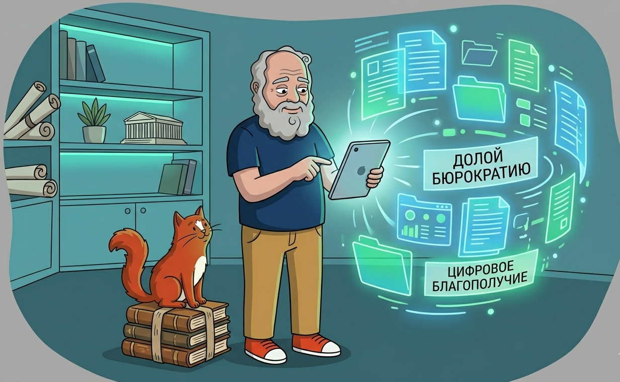 Сократ изучает графики на прозрачном экране вместе с умным котом Платоном, символизируя ИИ в социальной работе