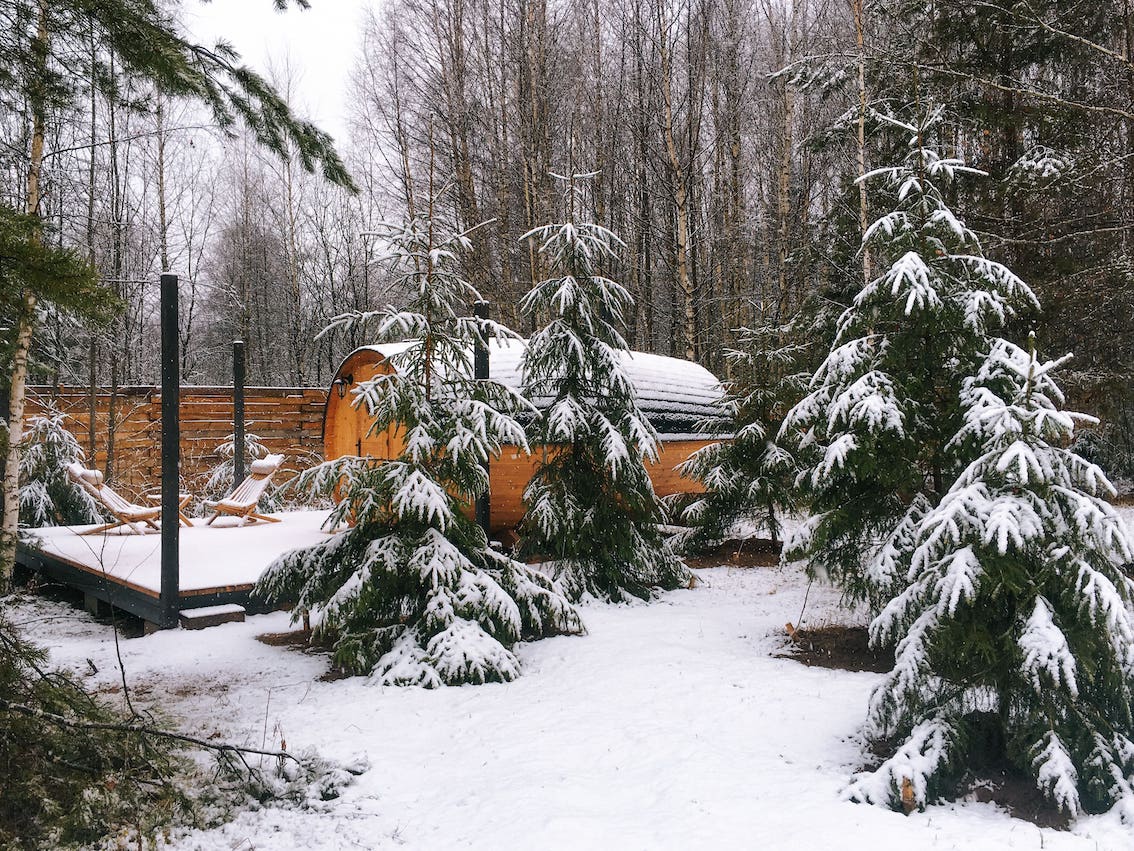 Баня зимой в глэмпинге Под кронами в Подмосковье