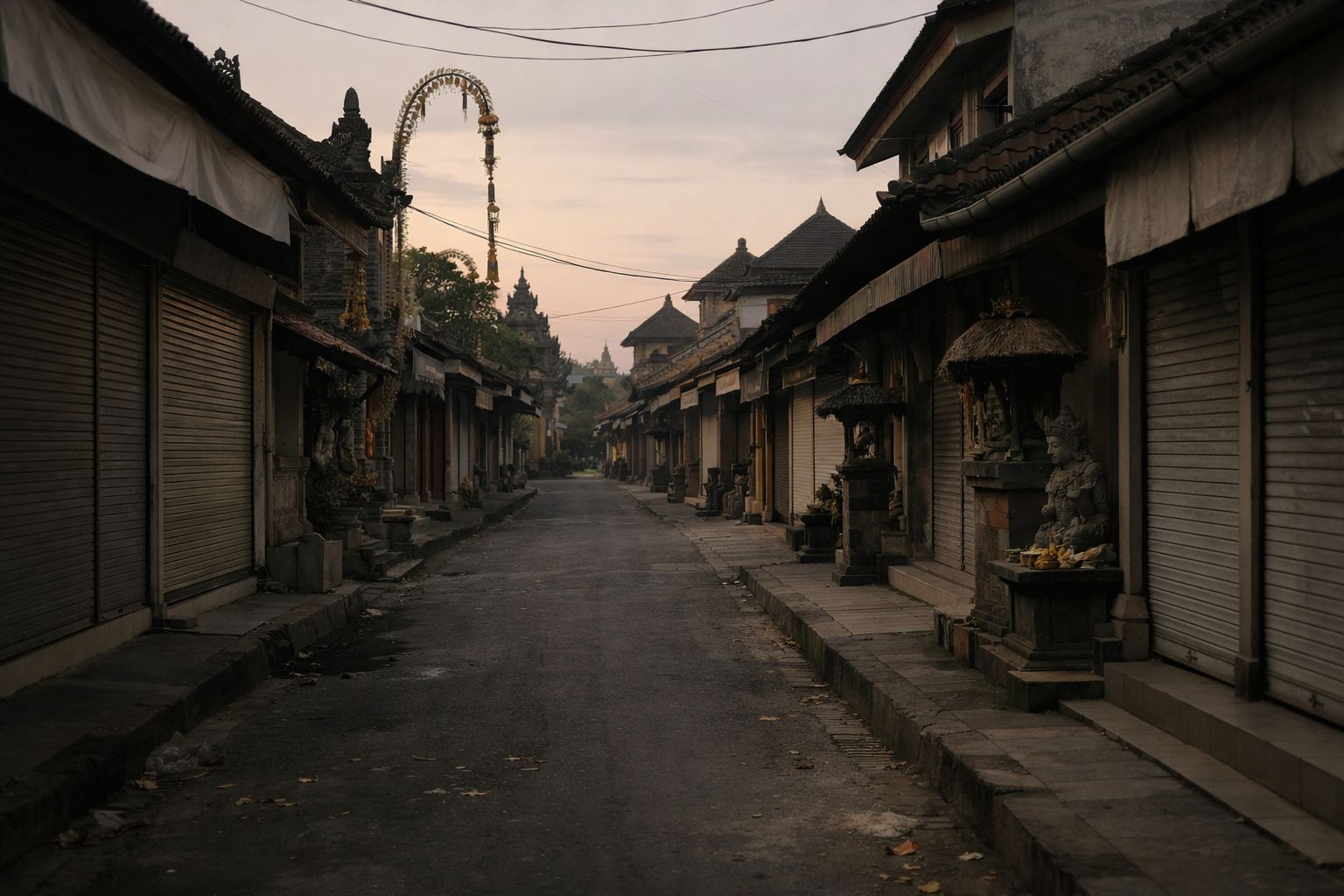 Suasana jalanan Bali yang hening saat Nyepi, menggambarkan refleksi, ketenangan, dan penghentian aktivitas dalam Tahun Baru Saka
