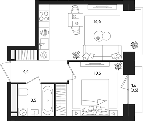 2‑комн квартира ~35 м²