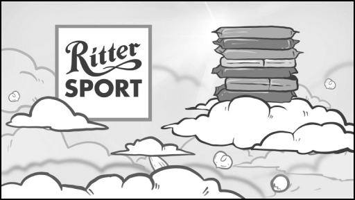 Башня из шоколада на вершине вкуса – Иллюстрация из концептуального скрипт-арта: стопка плиток Ritter Sport возвышается среди облаков. Легендарный вкус, насыщенность, изысканность, шоколадная мечта