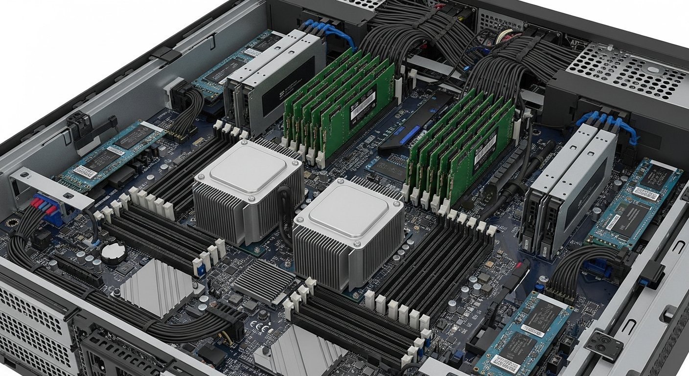 Физическая компоновка сервера с процессорами, памятью, NVMe и SSD для HCI-ноды