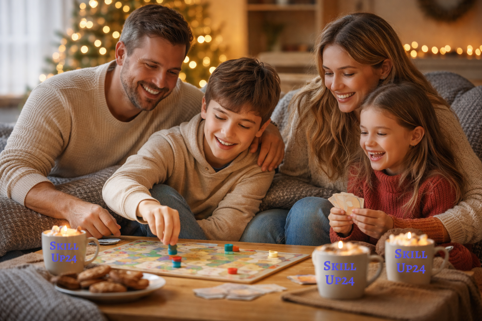 Семейные зимние каникулы дома — родители и дети проводят время вместе за настольной игрой в тёплой уютной атмосфере. Отдых, эмоциональная перезагрузка и поддержка ребёнка после школы. Онлайн-школа SkillUp24 помогает ученикам 1–11 классов по всей России: А