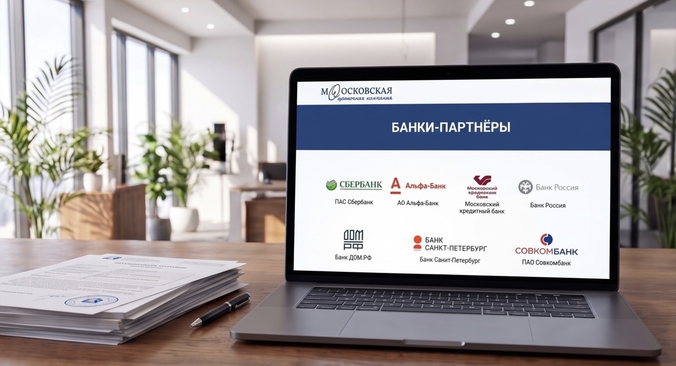 Ноутбук на рабочем столе, на экране список Банков