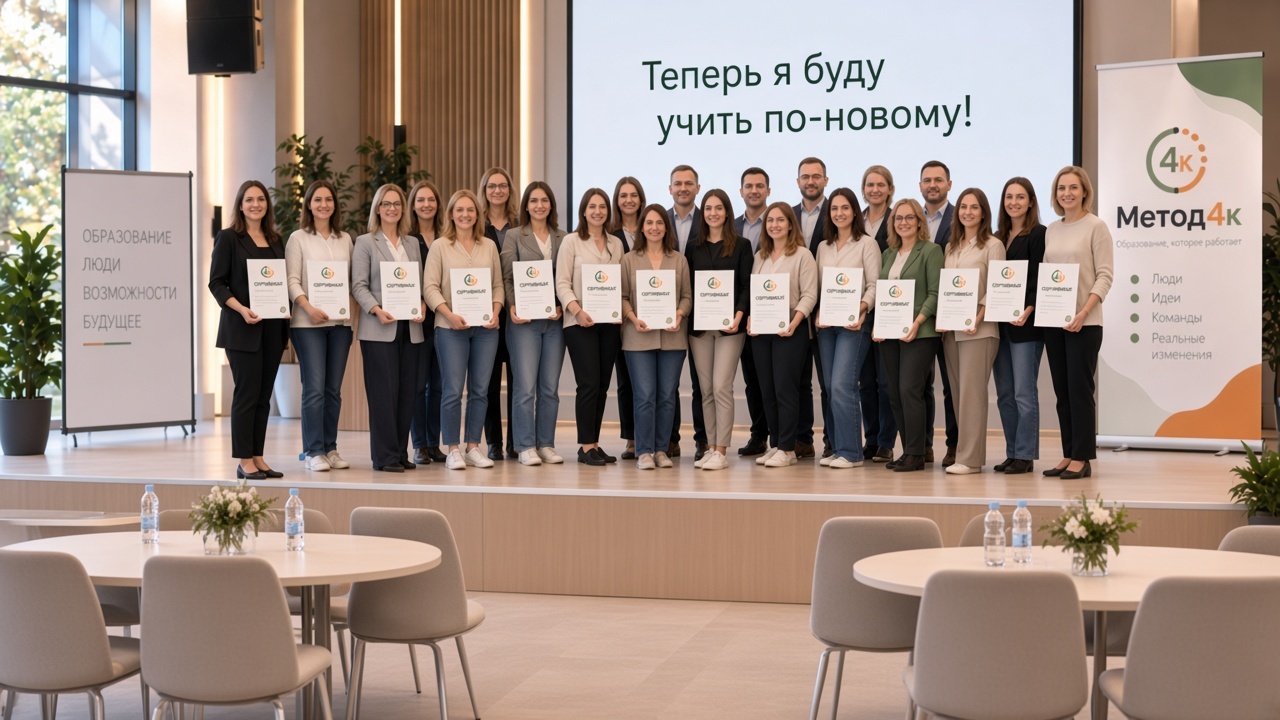 Участники интенсива у сцены с сертификатами