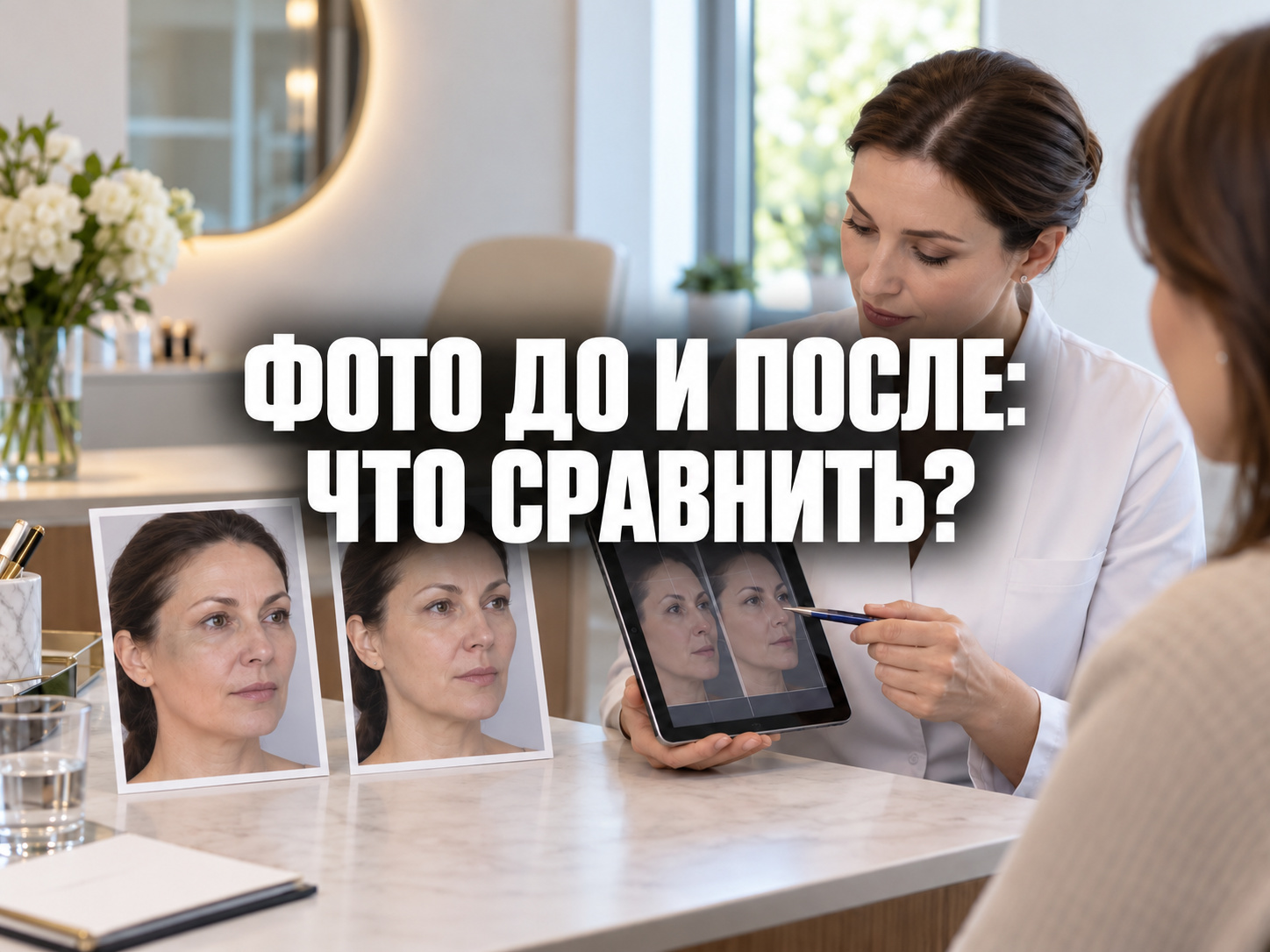 Специалист сравнивает два портрета одной женщины и обсуждает условия фотосъёмки; по центру вопрос «Фото до и после: что сравнить?».