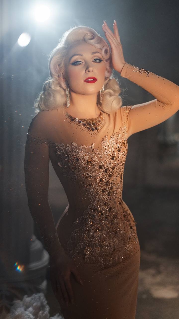 Артистка Golden Muse в лучах контрового света и золотых блёстках