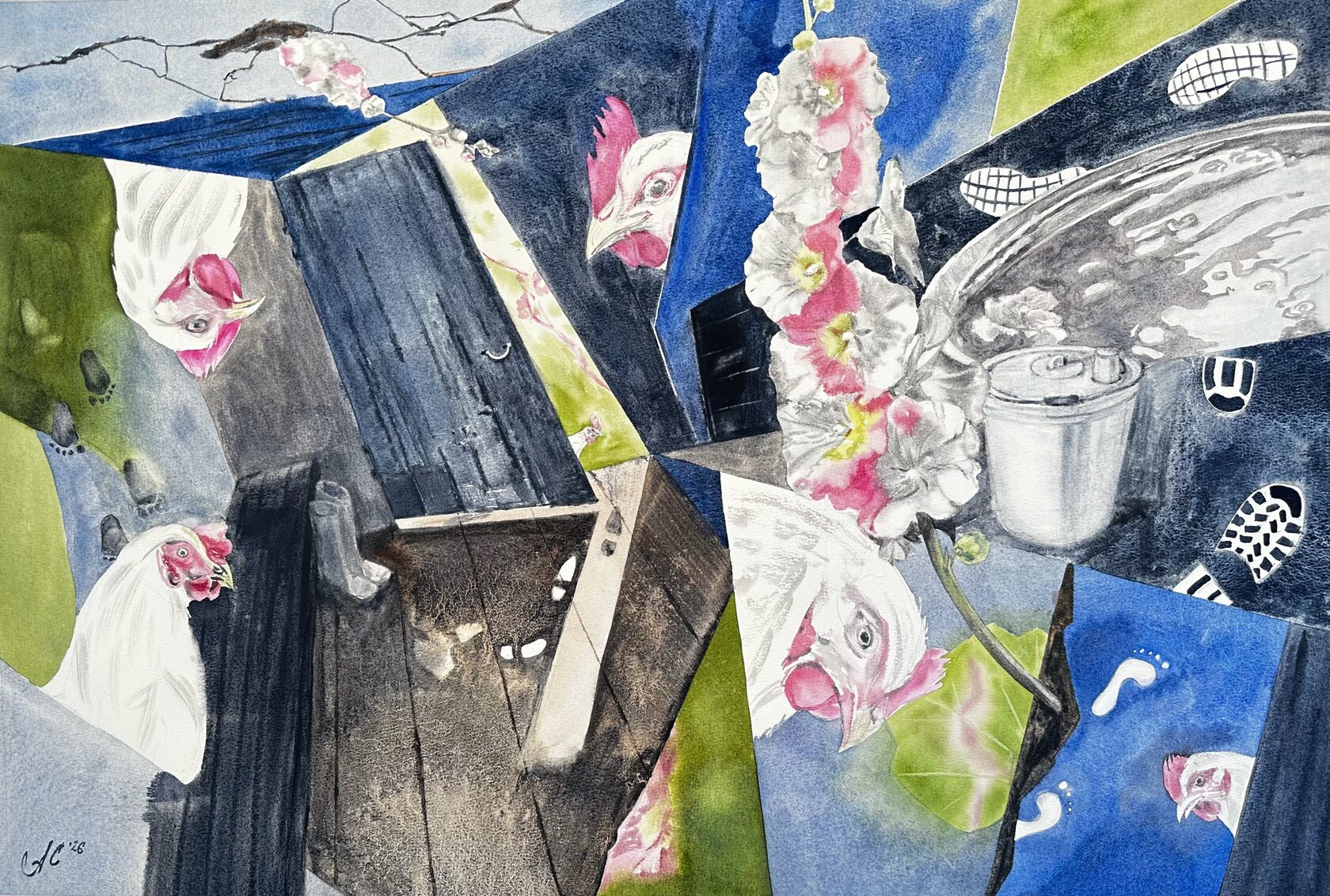 Акварель Аллы Семёновой Куры в сенях — фрагментированное пространство деревенских сеней с курами мальвами вёдрами дверями и следами обуви.