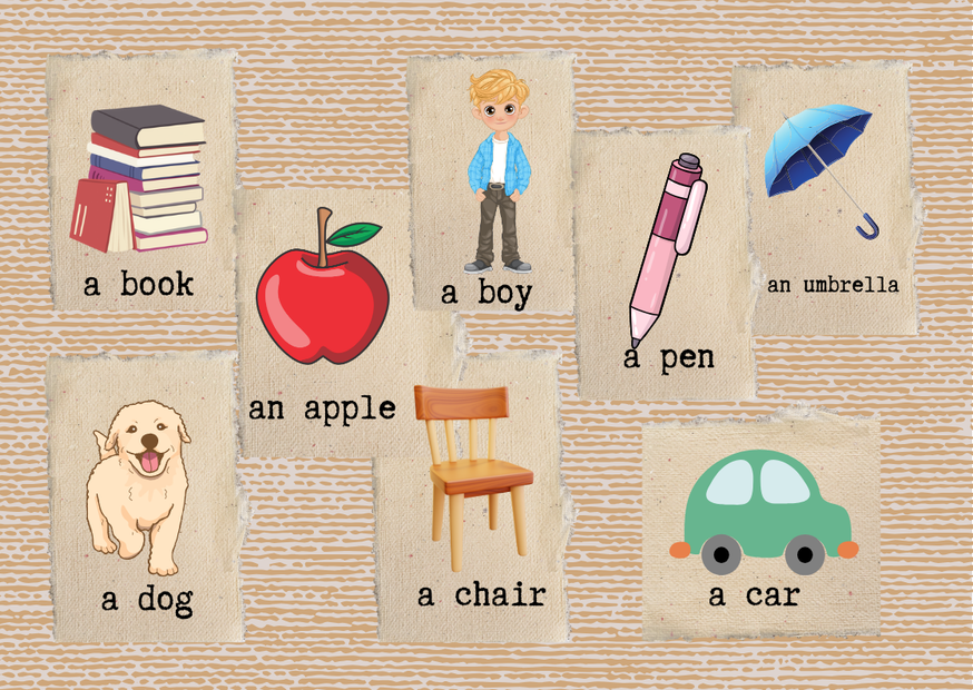 Простые английские существительные с картинками: book, apple, boy, pen, umbrella, dog, chair, car