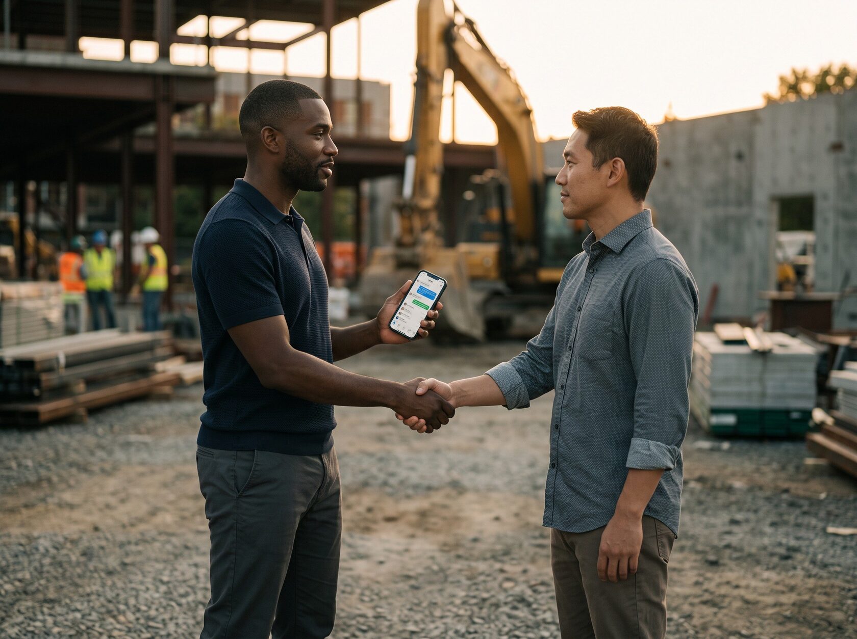 Two men shaking hands at a construction site