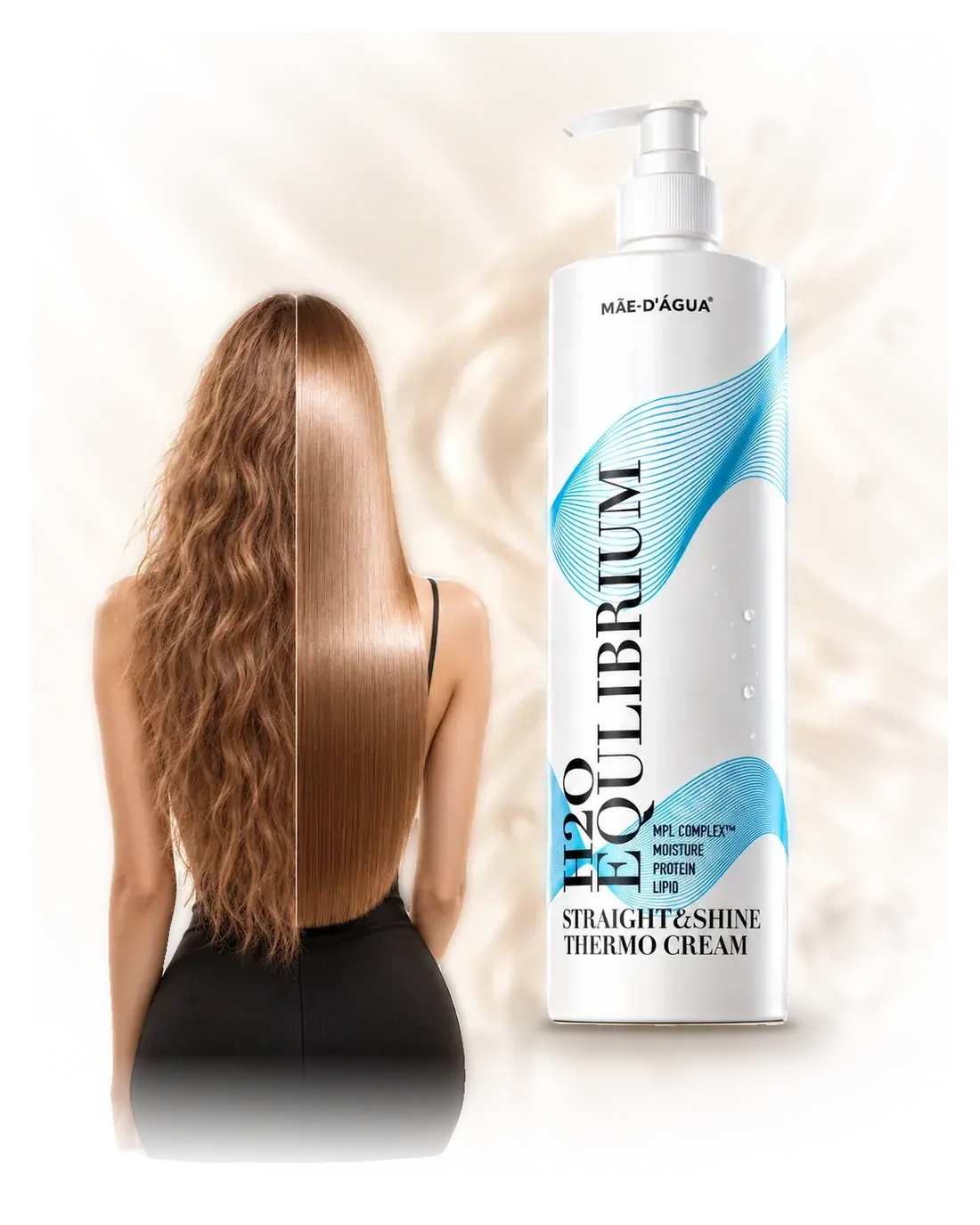 Девушка с волосами после кератинового выпрямления и состав Mãe-d'Água H2O Equilibrium Straight & Shine