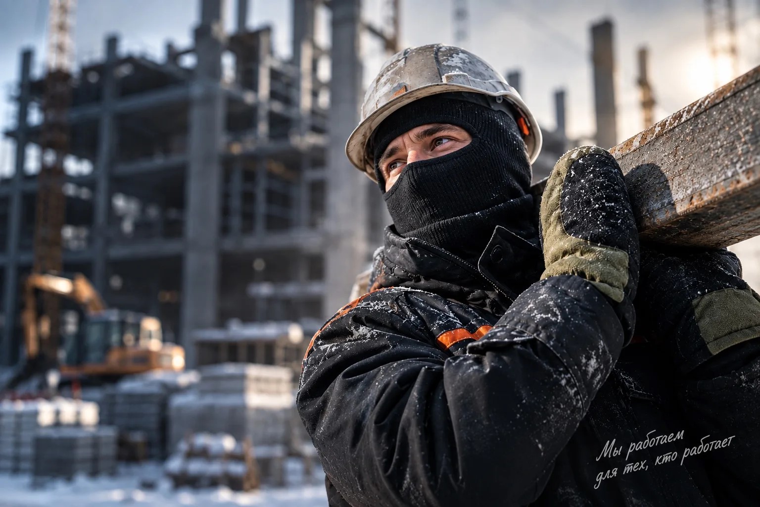 Профессиональный рабочий в каске и подшлемнике на строительном объекте зимой