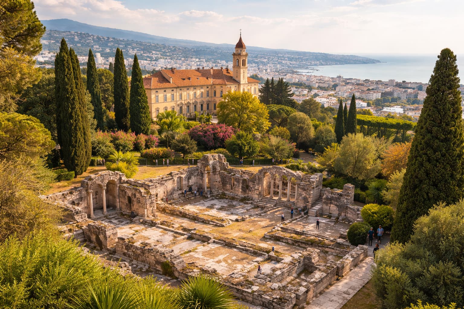 Roman baths and arena ruins in Cimiez, Nice, overlooking the Monastery of Cimiez and the Mediterranean coastline in warm evening light