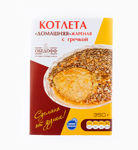 Котлета «Домашняя» жареная с гречкой от производителя Мерилен — замороженный полуфабрикат. Масса нетто: 350 гр.