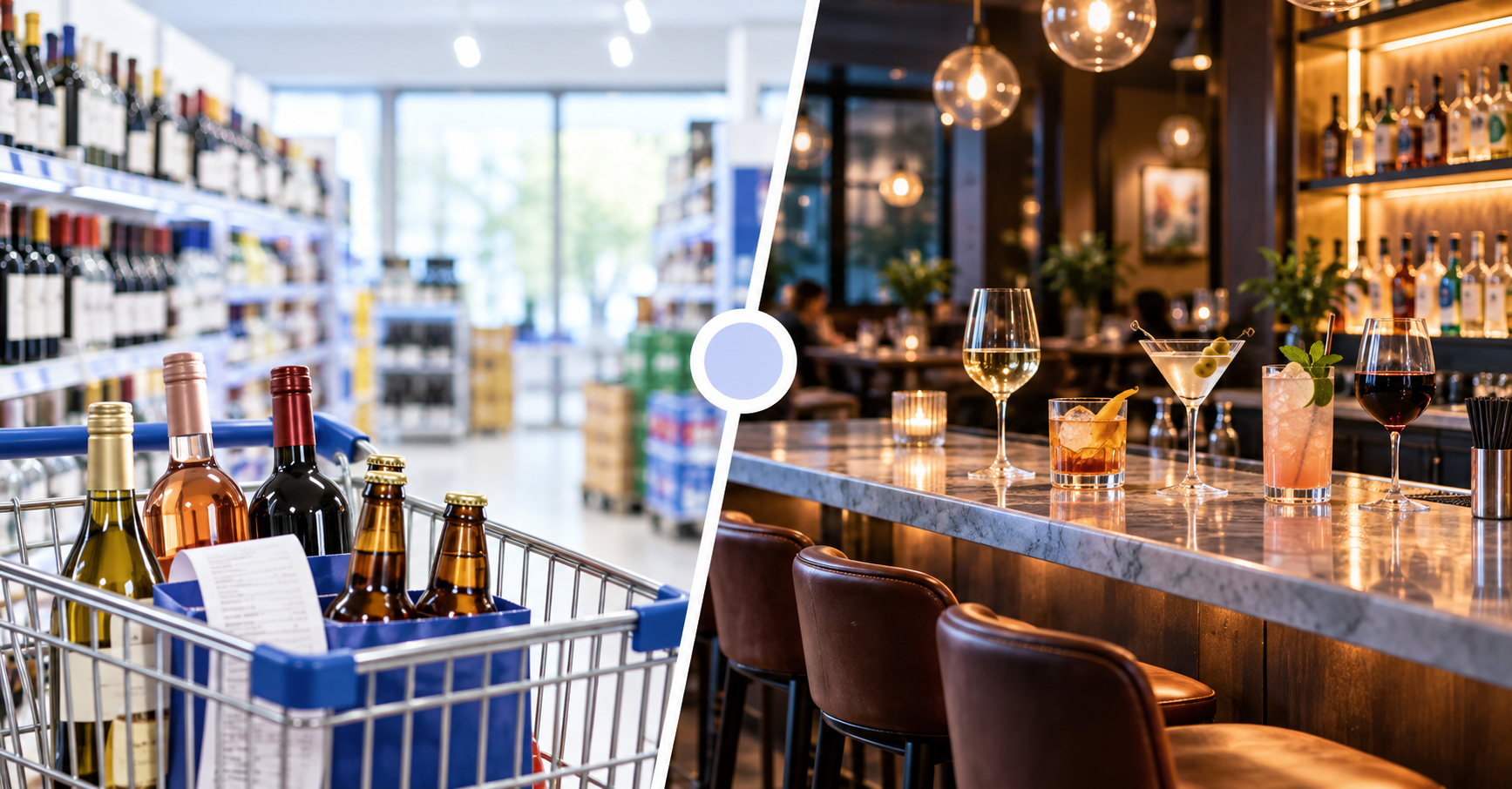 A store shelf and shopping cart beside a bar counter with stools, drinks and pendant lamps.