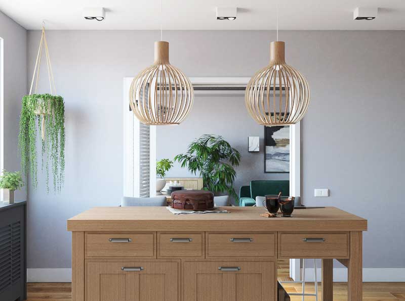 Кухонный остром из темного дерева с средиземноморском стиле. Деревянные светильники над островом. Вход с гостиную 