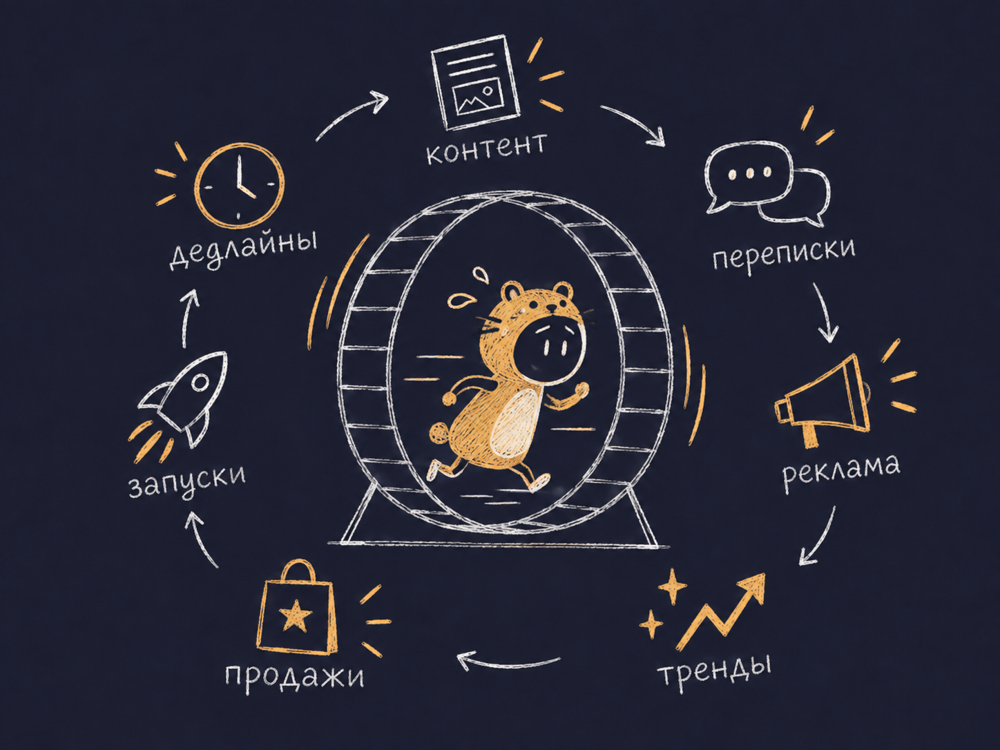 Человечек в костюме хомяка бежит в колесе среди контента, дедлайнов, рекламы и продаж