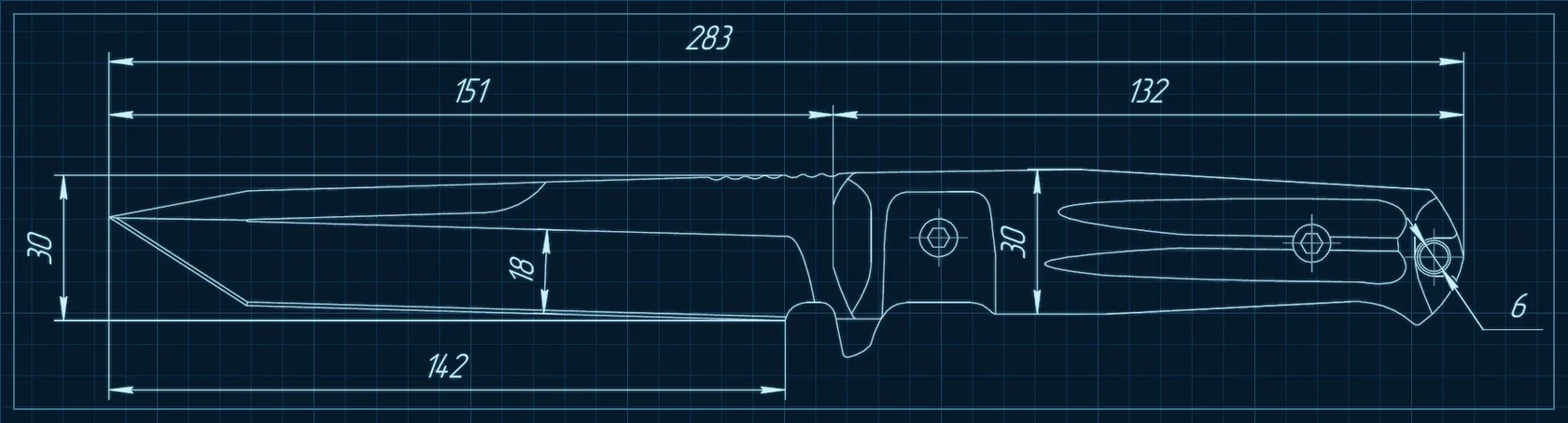 Kizlyar Supreme Aggressor technical drawing with production dimensions