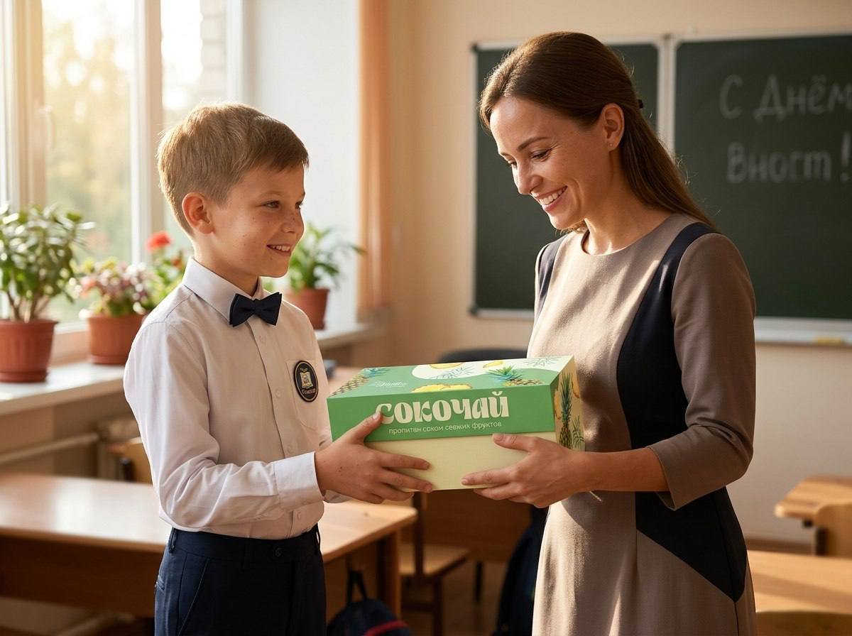 Ученик вручает набор Сокочай учительнице у школьной доски