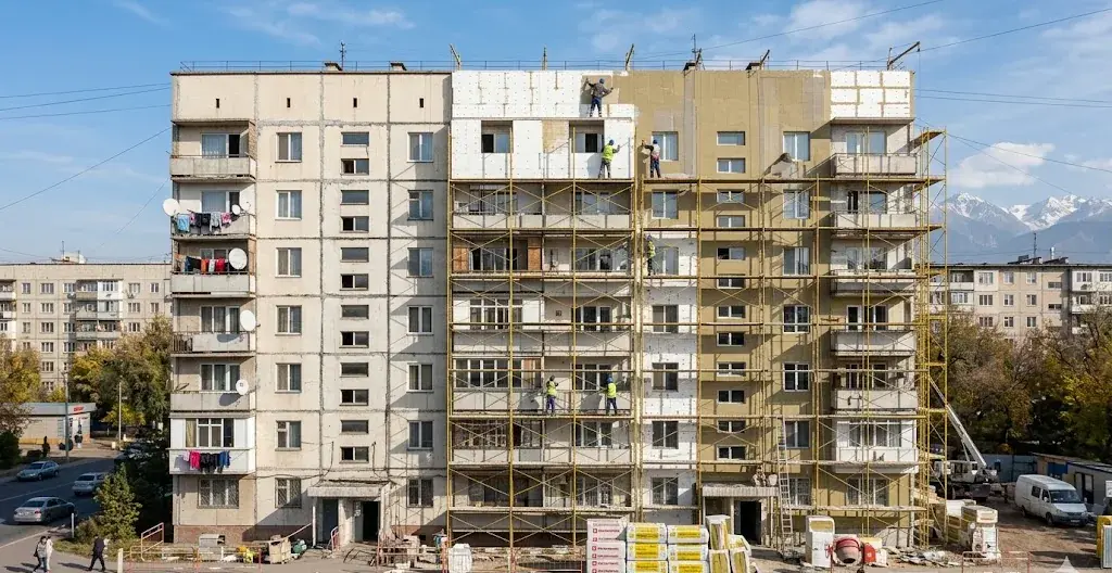 Процесс утепления панельного дома в Алматы: рабочие на фасаде монтируют теплоизоляцию