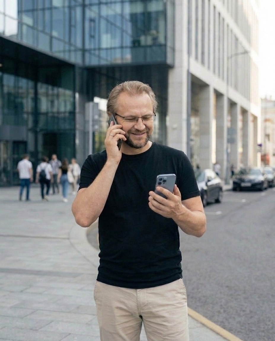 Мужчина в чёрной футболке на улице разговаривает по телефону