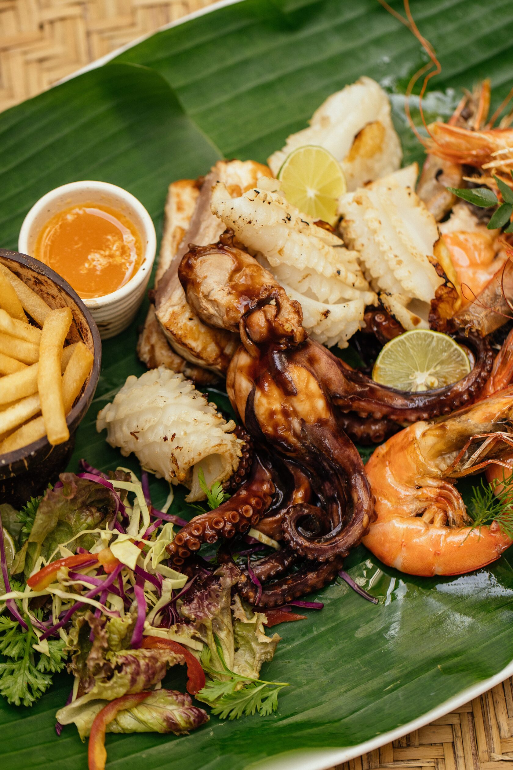 A seafood platter served seaside at Neevana Hotel, Hikkaduwa