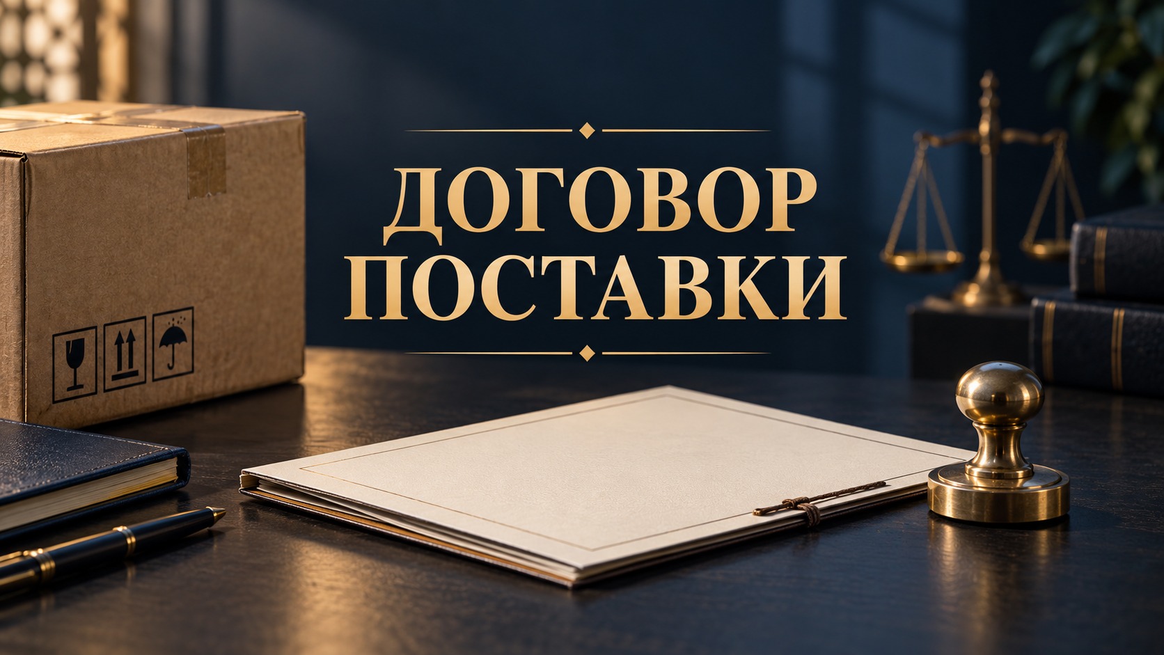 Концептуальная обложка: коробка товара и договор поставки на тёмном столе