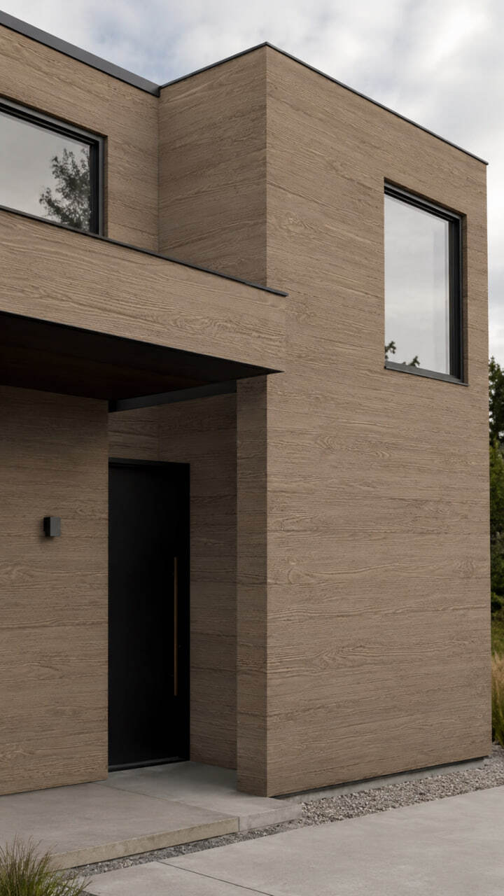 Flexible Tile Imitating Wood in a Warm Cherry Shade for Facades