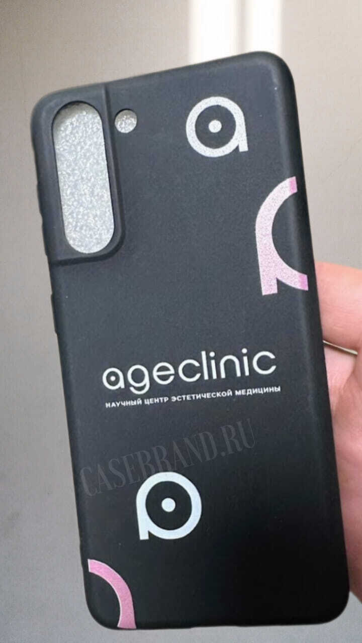 Брендированные черные Soft-Touch чехлы для iPhone с нанесением печати логотипа Ageclinic на заказ в Casebrand