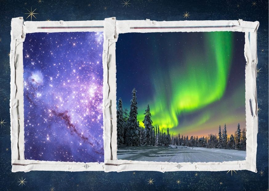 Космос и северное сияние в зимнем лесу