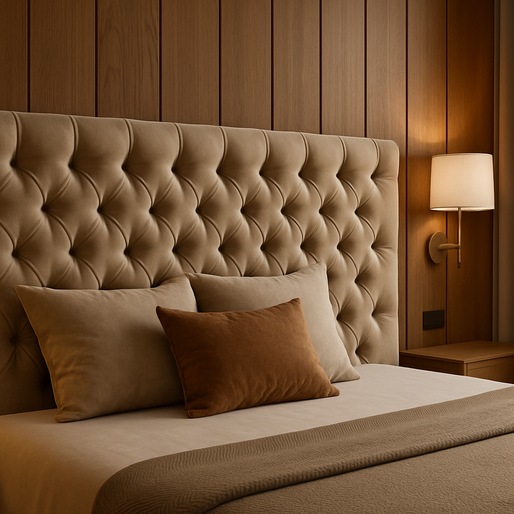 Мягкое изголовье кровати с каретной стяжкой в современном интерьере, обивка из велюра и деревянные стеновые панели в тёплых тонах.