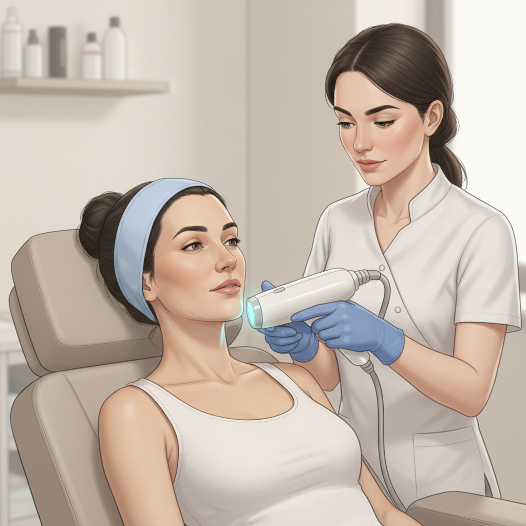 Аппаратная процедура RF-лифтинга — косметолог насадкой обрабатывает кожу для уплотнения и подтяжки.