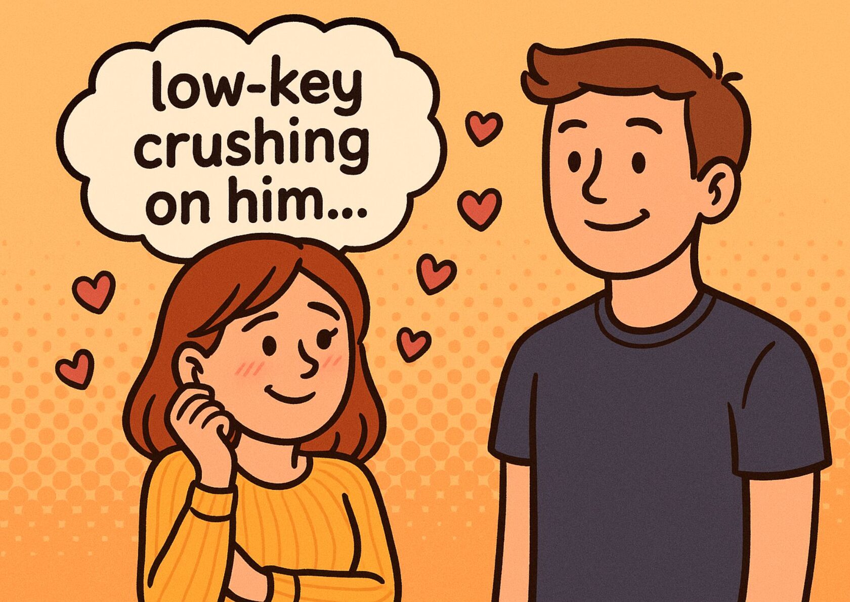 Комиксовая иллюстрация: девушка с лёгкой улыбкой смотрит на парня, рядом надпись «low-key crushing on him» — пример употребления low-key в значении «немного», «по-тихому».