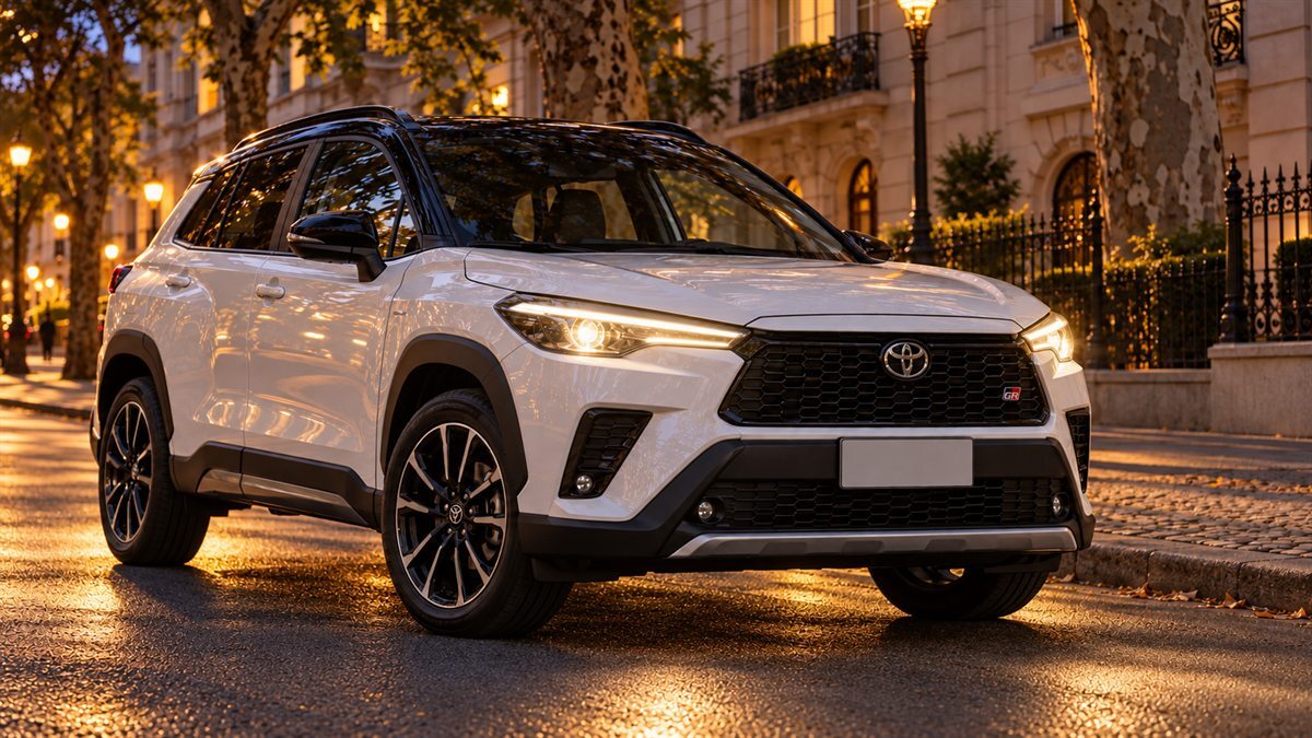 Toyota Corolla Cross GR Sport CVT 2023 — белый, фото 1 — фары включены