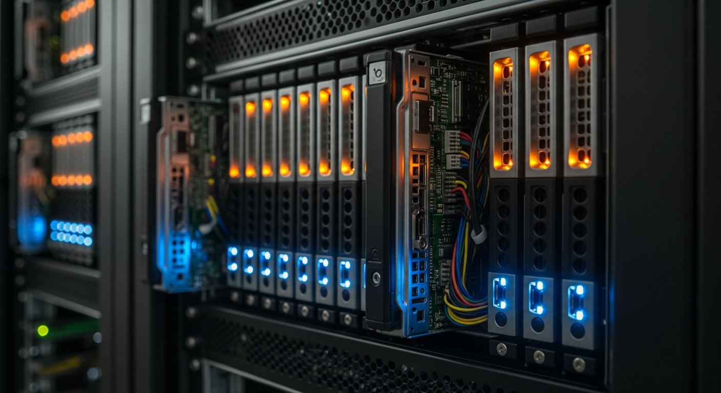 Стоечная система хранения данных с открытыми отсеками под накопители, крупный план подсвеченных дисков и интерфейсов