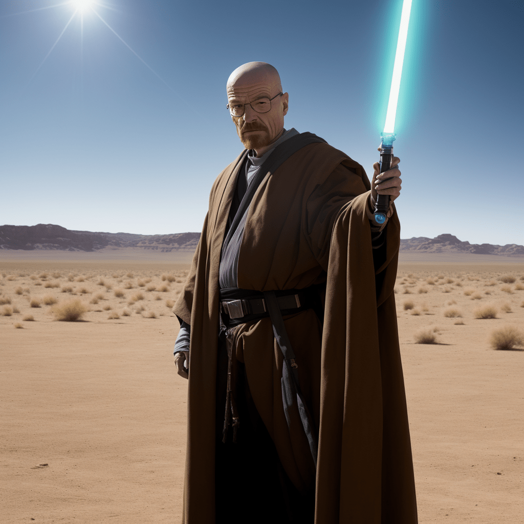 Bryan Cranston as Walter White from Breaking Bad holding a lightsaber in the New Mexico desert and dressed as a Jedi, 8k high res masterpiece