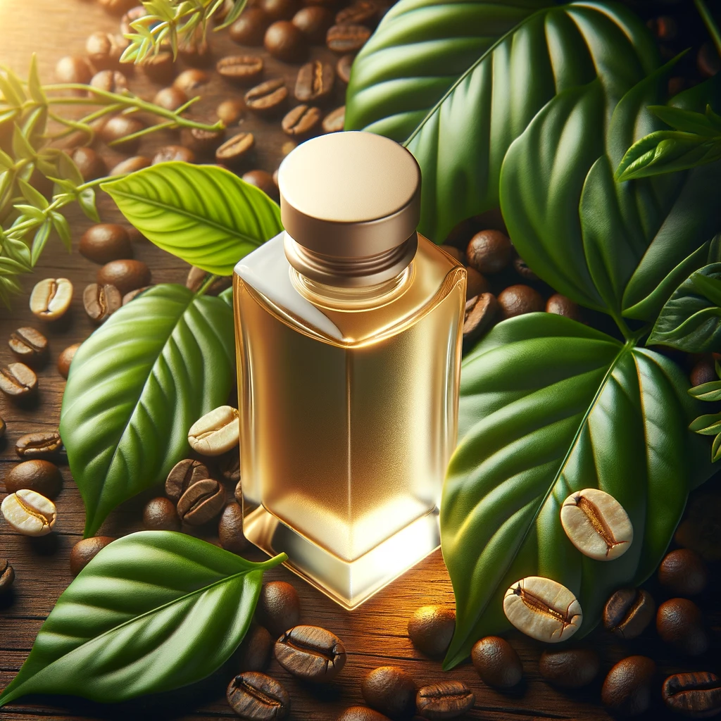 An elegant glass bottle of cosmetic essence surrounded by fresh green coffee leaves and scattered coffee beans. The bottle emits a soft, golden glow, highlighting the freshness and natural origin of the surrounding coffee beans and leaves, symbolizing the natural essence and healing properties of the cosmetic content. The image conveys a metaphor of beauty and health sourced from nature, embodying the concept of coffee elements being used in skincare.