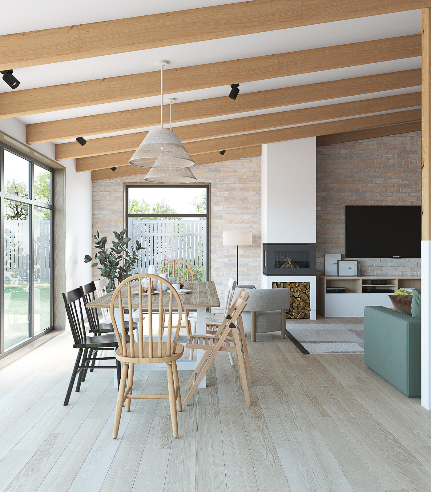 Загородный дом со столовой и камином. Кирпичная стена. телевизор