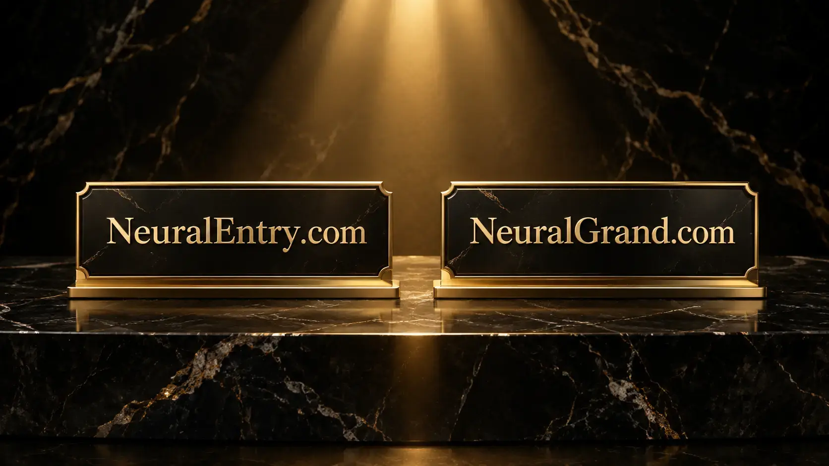 Premium domain showcase displaying NeuralEntry.com and NeuralGrand.com on black marble with golden lighting, representing entry and scale layers of AI product stack