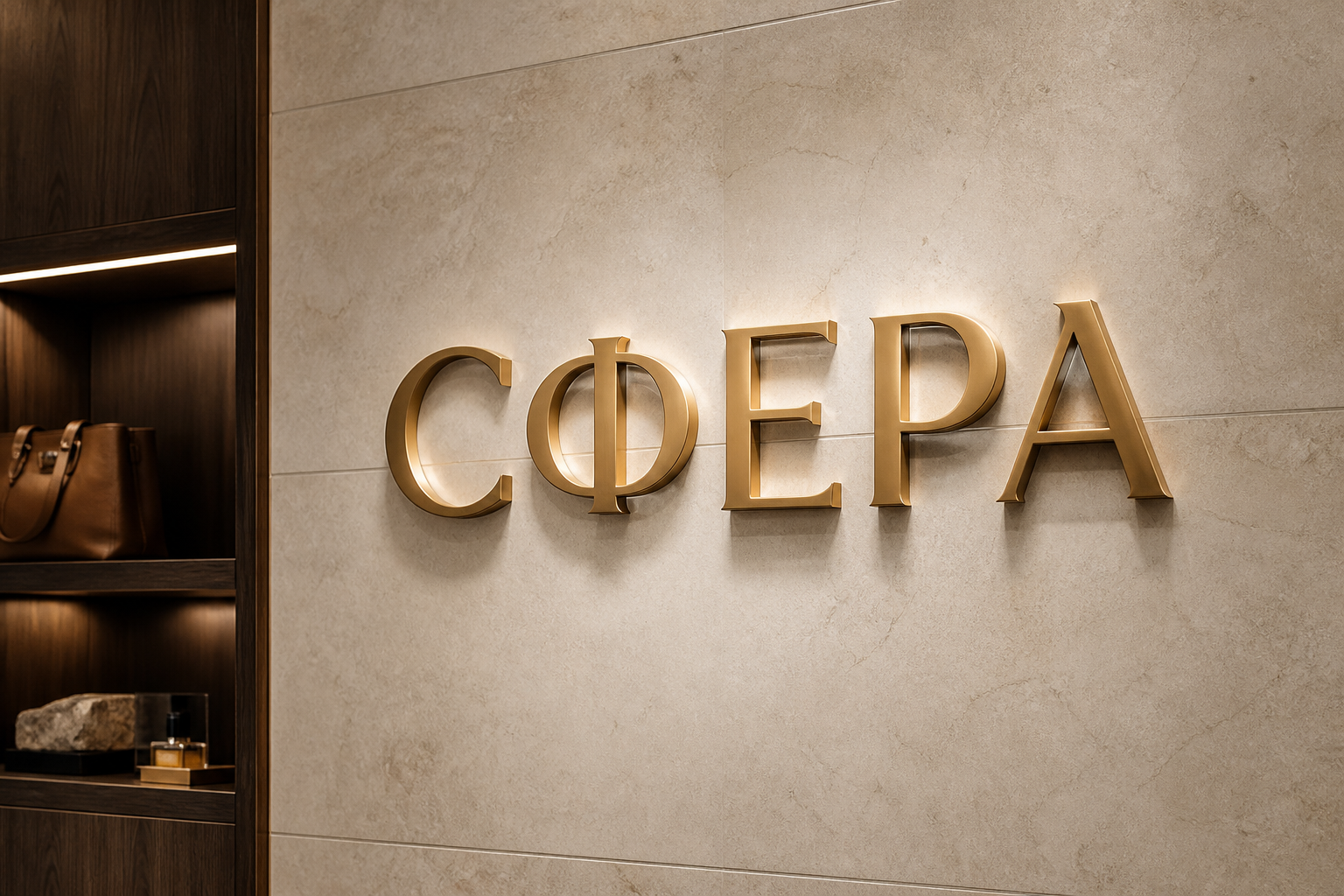 3D-рендер интерьерной латунной вывески «СФЕРА»
